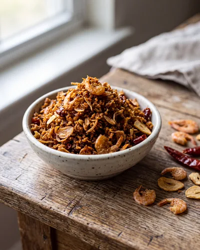 Balachaung: a small bowl of dry, crunchy, crumbly fried relish of dried shrimp, crisp fried garlic and shallot and chilli, dark golden-reddish-brown, with whole dried shrimp, garlic and dried chilli arranged beside it.