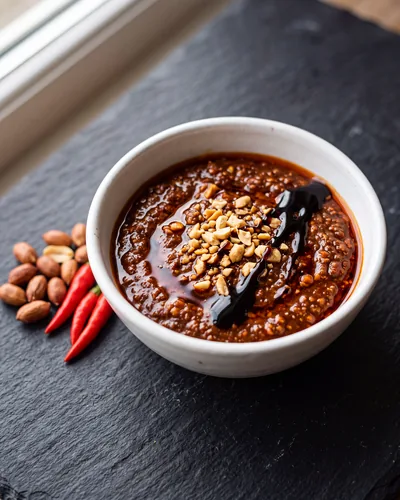 Bumbu kacang in a small bowl: a thick red-brown Indonesian peanut sauce with an oil sheen and crushed peanuts on top.