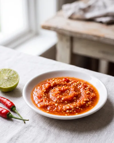 Chicken rice chilli sauce: a small saucer of bright red-orange, coarse, raw-blended garlic, chilli and lime sauce flecked with chilli seeds, with a halved lime and fresh red chillies beside it.