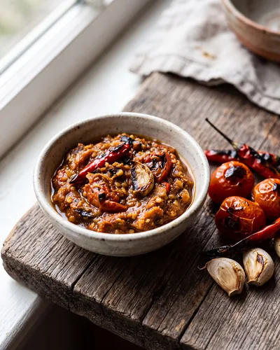 Jeow mak len: a small bowl of chunky, pounded roasted-tomato-and-chilli Lao dip in a deep red-brown colour, with visible charred tomato, chilli, garlic and shallot, and whole roasted tomatoes, dried chillies and garlic beside it.