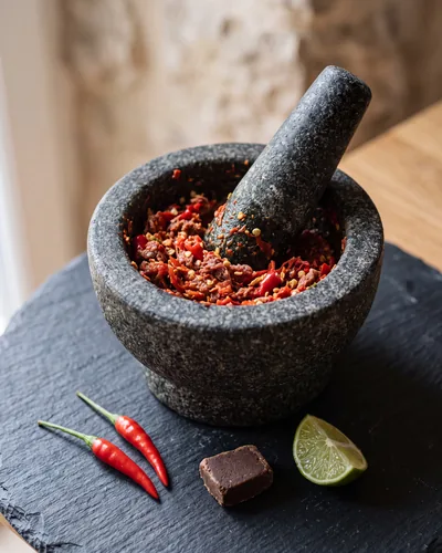 Sambal belacan: a coarse, raw, freshly pounded bright-red chilli relish flecked with toasted shrimp paste in a grey stone mortar with the pestle resting in it, beside fresh red chillies, a block of belacan and a lime wedge.