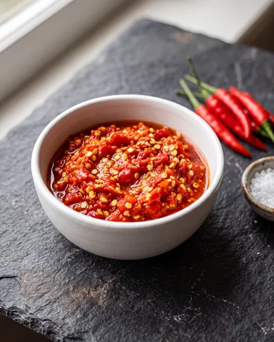 Sambal oelek in a small bowl: a bright red, coarse fresh chilli paste with visible seeds and no added aromatics.