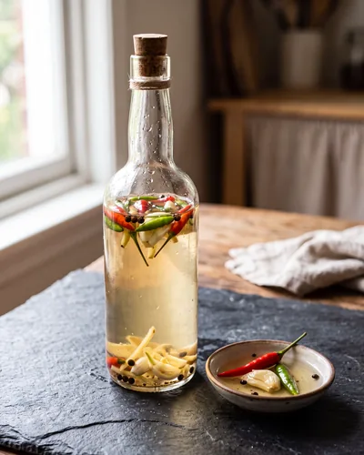 Sinamak: a tall unlabelled glass bottle of pale golden, fully transparent spiced palm vinegar with whole chillies, smashed garlic, sliced ginger and peppercorns suspended in it, beside a small dish of the same.