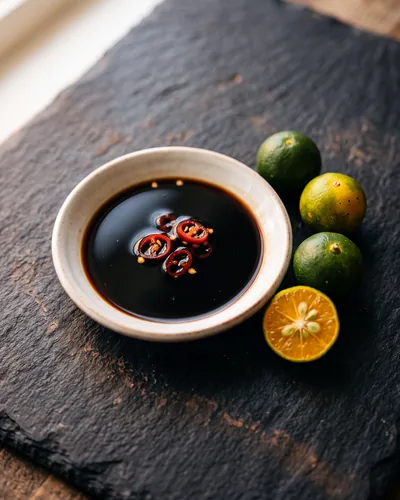 Toyomansi: a small white saucer of dark, opaque brown-black soy sauce with calamansi juice and floating red chilli rings, beside whole calamansi and one halved to show its orange flesh.