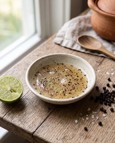 Tuk meric: a small dish of pale, translucent lime-and-black-pepper dipping sauce heavily flecked with coarse ground black pepper, with a halved lime and whole peppercorns beside it.