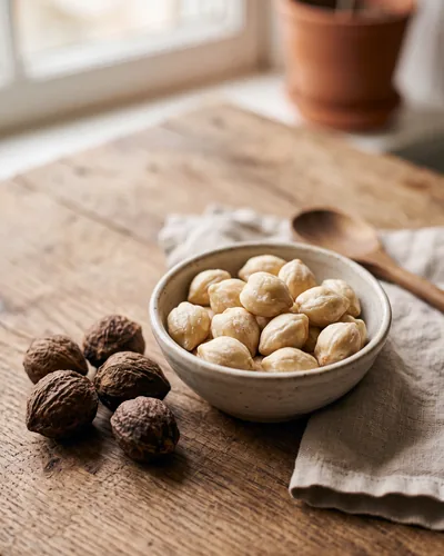 A small bowl of round, waxy, cream-ivory shelled candlenut kernels on wood, with a few whole nuts in dark-brown wrinkled shells beside them.