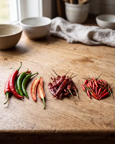 Three forms of Southeast Asian chiles on wood: long fresh red and green chiles (one sliced to show seeds), a pile of dark dried red chiles, and a heap of tiny fresh bird's-eye chiles.