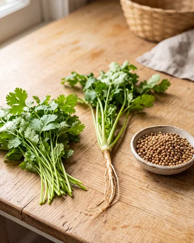Cilantro/coriander in three forms on wood: delicate lobed bright-green leaves on thin stems, a whole plant with the pale coriander root attached, and a small bowl of round tan-brown dried coriander seeds.