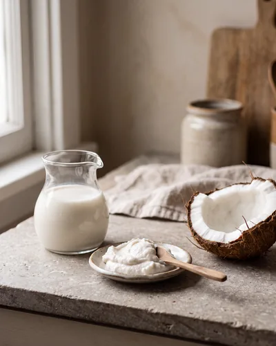 A clear glass jug of opaque white coconut milk beside a small dish of thicker coconut cream and a fresh coconut half showing white flesh and brown shell, on stone.