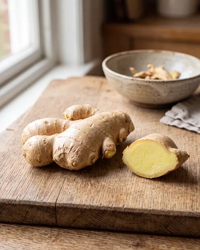 A knobbly hand-shaped ginger rhizome on a wood board with thin smooth tan skin, beside a cut face revealing pale yellow juicy fibrous flesh.