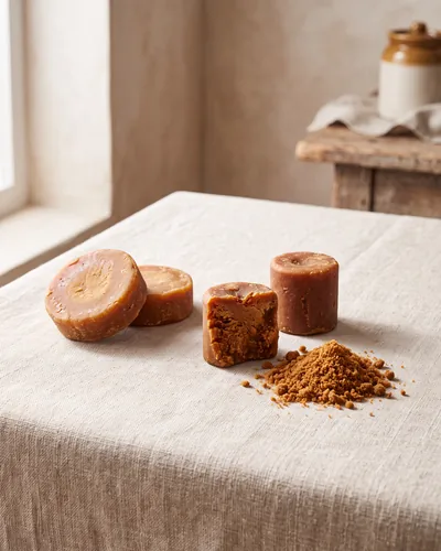 Round tan-amber palm-sugar discs and small blocks, one broken to show a dense crumbly caramel interior, with a little grated palm sugar, on linen.