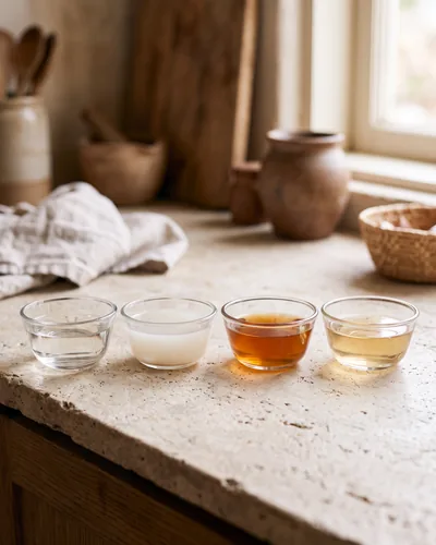 Four small clear glass bowls of Southeast Asian vinegars on stone: clear pale rice, cloudy soft-white coconut, amber-brown palm, and light golden cane.