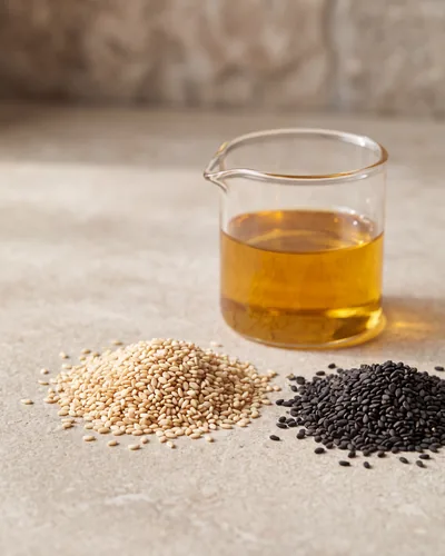 Two small piles of sesame seeds on stone — pale white and black — beside a small glass pourer of golden-amber sesame oil.