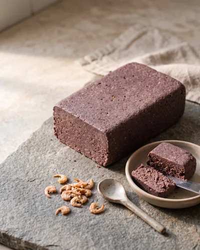 A dense purple-brown fermented shrimp-paste block, one corner cut to show its compact interior, with a cut piece on a small dish and a few dried shrimp beside, on grey stone.