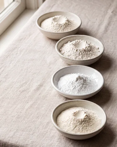 Four small bowls of white and off-white flours and starches on linen — rice flour, glutinous rice flour, bright-white tapioca starch, and pale-cream mung bean starch — with subtle differences in texture and shade.