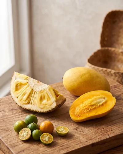 An identification arrangement of tropical fruits on wood: a golden mango (whole + halved with orange flesh and flat seed), a jackfruit wedge with yellow pods, and small green-orange calamansi (some halved).