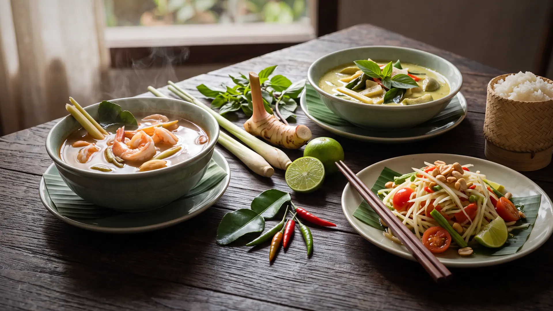 Eleven Southeast Asian tables laid with the dishes of the cookbook, lit by a window.