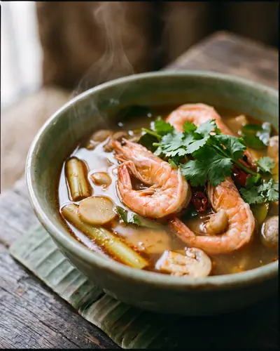 Steaming Thai hot-and-sour shrimp soup with lemongrass, lime leaves, chilies, mushrooms, and cilantro.