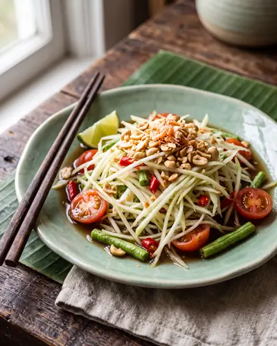 Thai green papaya salad with tomatoes, long beans, chilies, dressing, and crushed peanuts.