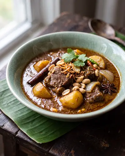 Thai Massaman curry with tender beef, potatoes, peanuts, fried shallots, and steamed rice.