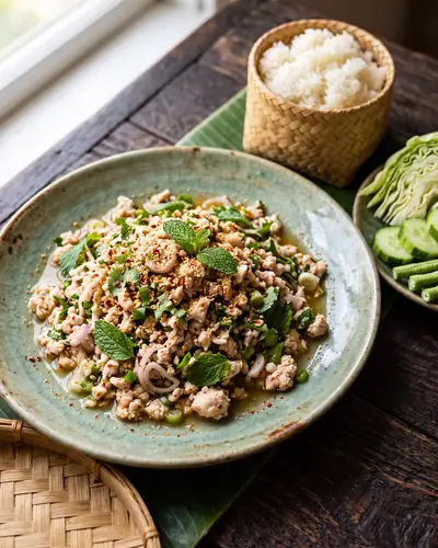 Thai minced chicken larb with toasted rice powder, mint, cilantro, and shallots, served with fresh vegetables and a basket of sticky rice.