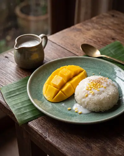 Thai mango sticky rice: glutinous rice with coconut sauce, sliced ripe mango, and toasted sesame seeds on a celadon plate.
