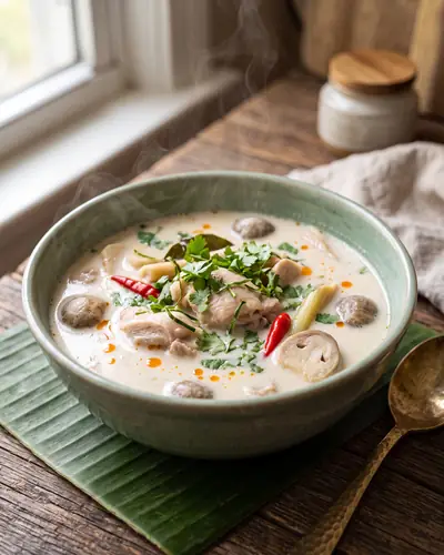 Tom kha gai: a creamy pale coconut chicken soup with galangal, lemongrass, mushrooms and cilantro in a celadon bowl.