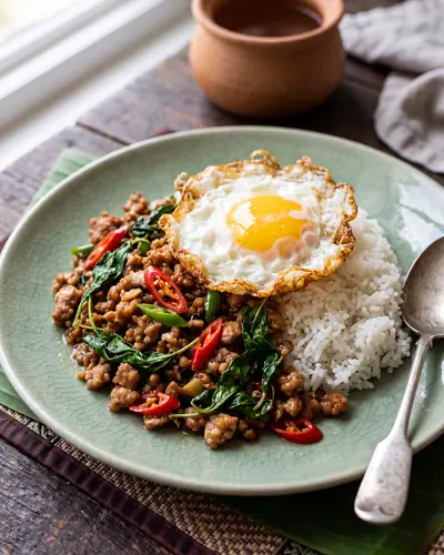 Pad krapao moo: stir-fried minced pork with holy basil and chilies over jasmine rice, topped with a crisp-edged fried egg.