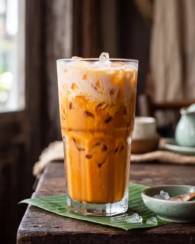 Thai iced tea (cha yen): a tall glass of creamy orange iced tea with a white milk float and condensation on the glass.