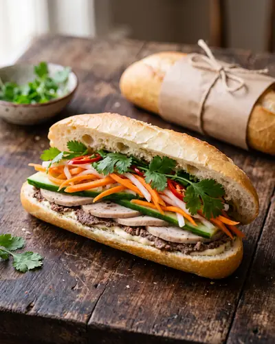 A bánh mì sandwich cut open to show pâté, cold cuts, pickled carrot and daikon, cucumber, cilantro and chilli in a light baguette.