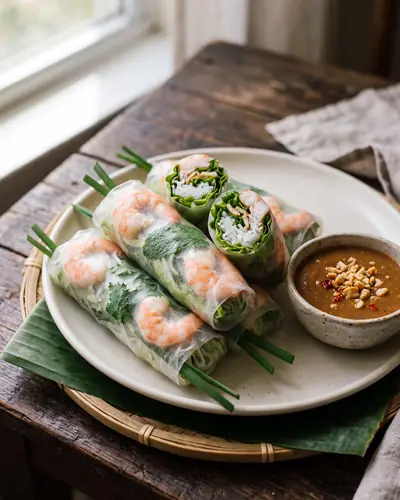 Gỏi cuốn fresh spring rolls in translucent rice paper showing pink shrimp, with a bowl of peanut dipping sauce.