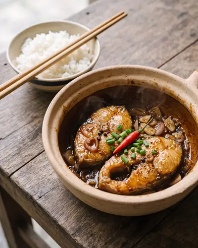 Cá kho tộ: fish steaks in dark caramel sauce in a clay pot, scattered with scallion and black pepper.