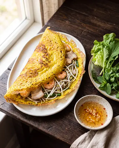 A large golden bánh xèo crepe folded over pork, shrimp and bean sprouts, with lettuce, herbs and dipping sauce alongside.