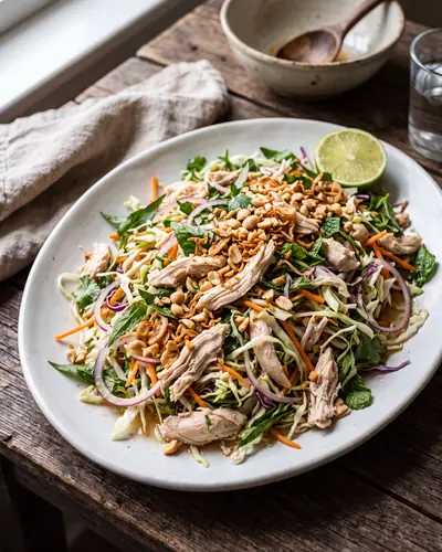 Gỏi gà: shredded poached chicken tossed with finely sliced cabbage, carrot, herbs, peanuts and fried shallots on a platter.