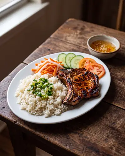 A cơm tấm plate: broken rice with a grilled pork chop, pickled vegetables, cucumber, tomato and a small bowl of dipping sauce.