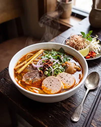 Bún bò Huế: a deep orange-red lemongrass broth with thick round rice noodles, sliced beef shank and sausage, topped with herbs.