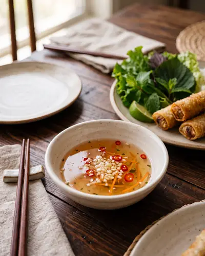 A small bowl of nước chấm, pale amber and translucent, with minced garlic, sliced red chilli and shredded carrot suspended in it.