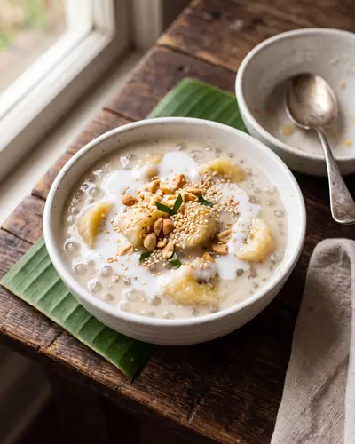 Chè chuối: warm banana and tapioca in coconut cream in a small bowl, topped with crushed peanuts and toasted sesame.