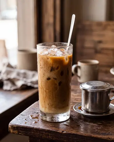 Cà phê sữa đá: a tall glass of iced Vietnamese coffee with condensed milk, a phin filter resting beside it.