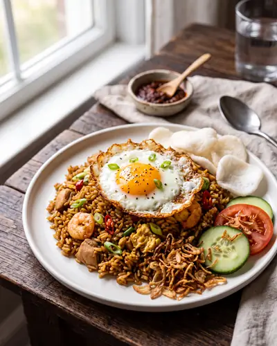 Nasi goreng: dark kecap-manis-glazed fried rice with chicken and prawns, topped with a crisp-edged fried egg, with cucumber, tomato and prawn crackers.