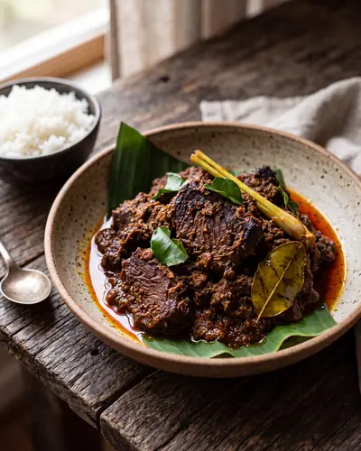 Rendang: very dark chunks of beef coated in grainy toasted coconut spice paste, nearly dry with only a rim of separated red oil, with kaffir lime leaves and lemongrass, served with steamed rice.