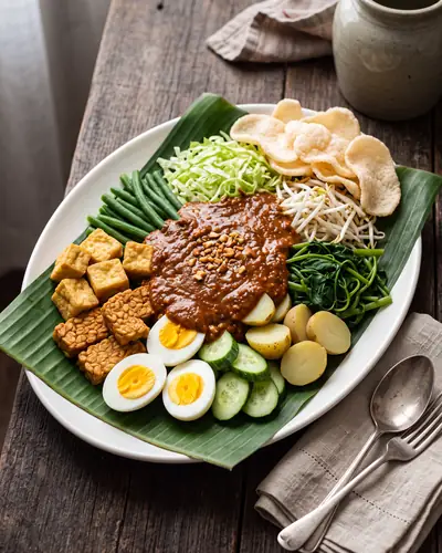 Gado-gado: a composed platter of blanched vegetables, fried tempeh and tofu, boiled egg and cucumber under a thick peanut sauce.