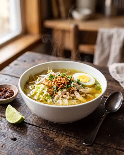 Soto ayam: a clear golden turmeric chicken broth over rice vermicelli with shredded chicken, cabbage, bean sprouts, boiled egg and fried shallots.