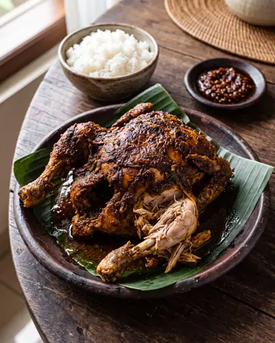 Ayam betutu: a whole slow-cooked Balinese chicken coated in dark spice paste, pulled open to show the meat, with rice and sambal alongside.