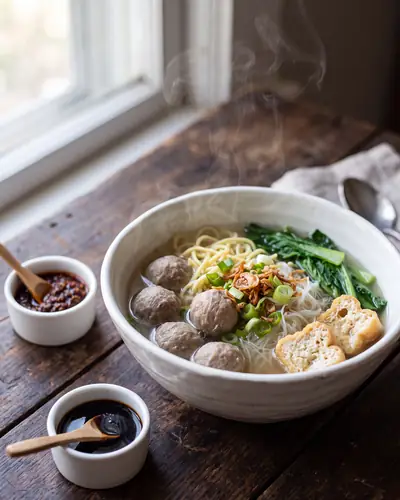 Bakso: springy pale beef meatballs in a clear broth with egg noodles, rice vermicelli, greens and tofu puffs, topped with fried shallots, with sambal and kecap manis alongside.