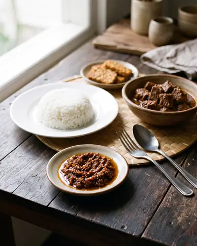 Sambal terasi: a coarse dark brick-red chilli relish with visible texture and separated oil in a small dish, served as part of a meal with steamed rice, a bowl of dark braised beef and fried tempeh.