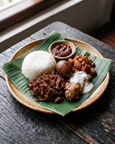 Gudeg: dark reddish-brown stewed young jackfruit, nearly dry, on a banana leaf with steamed rice, a browned boiled egg, thick white coconut areh, and the usual Yogyakarta accompaniments of sambal goreng krecek and shredded chicken.