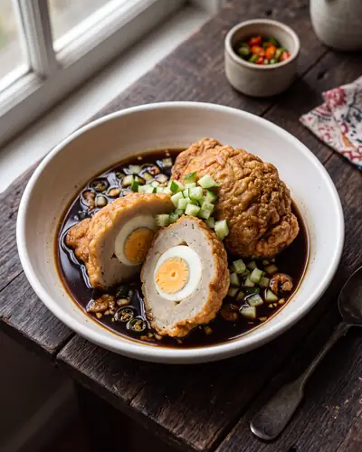 Pempek kapal selam: a thick golden fried fish cake cut open to show the whole egg inside, with a second uncut piece, in a bowl of dark thin cuko sauce with diced cucumber scattered over.