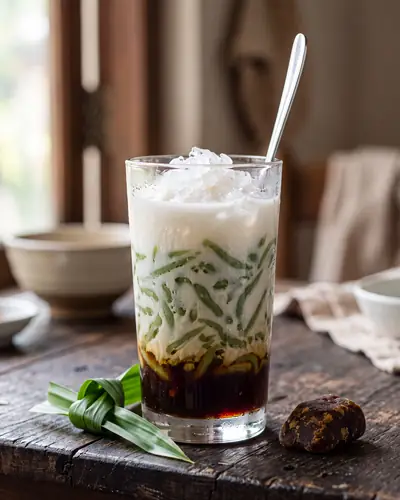 Es cendol: a tall glass of green pandan rice-flour strands in coconut milk with dark palm sugar syrup over crushed ice.