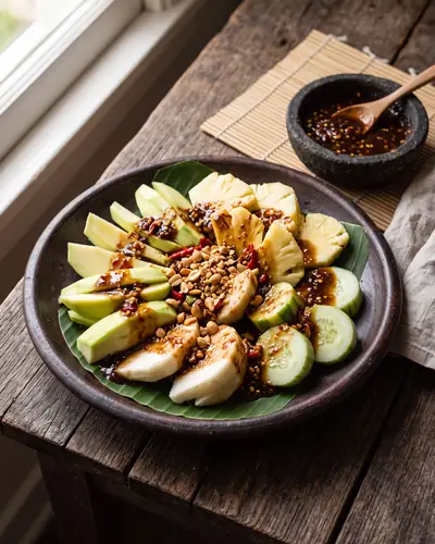 Rujak buah: chunks of crisp unripe mango, pineapple, jicama and cucumber coated in a dark palm sugar and tamarind dressing with crushed peanuts.